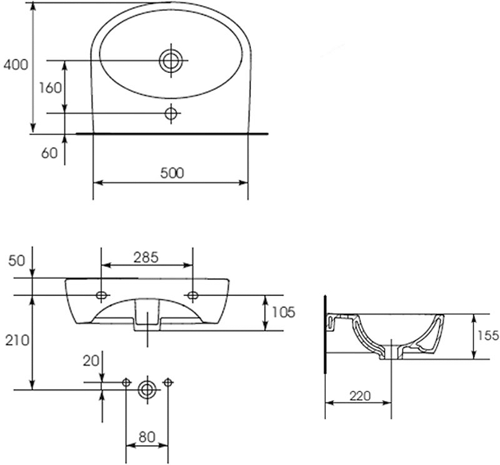 Technical image of Premier Cairo Bathroom Suite With Toilet, 500mm Basin & Semi Ped (1TH).