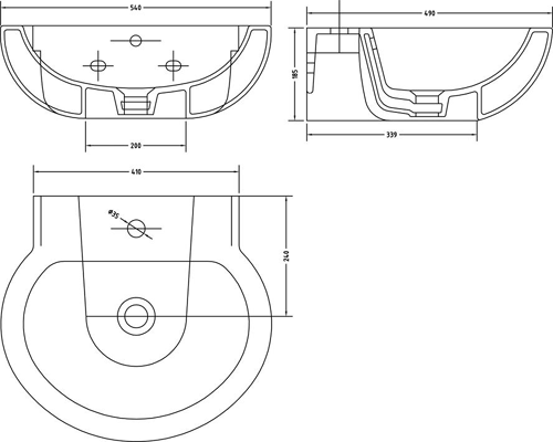 Technical image of Hudson Reed Ceramics Basin & Full Pedestal (1 Tap Hole, 540mm).