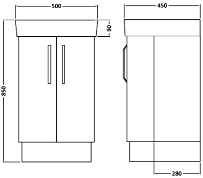 Technical image of Ultra Carlton Vanity Unit With Ceramic Basin (Black). 500x850x450mm.