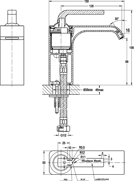 Technical image of Hudson Reed Carma Waterfall Basin & Bath Shower Mixer Tap Set.