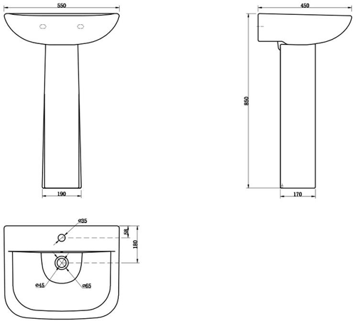 Technical image of Premier Carmela Semi Flush Toilet With 550mm Basin & Full Pedestal.