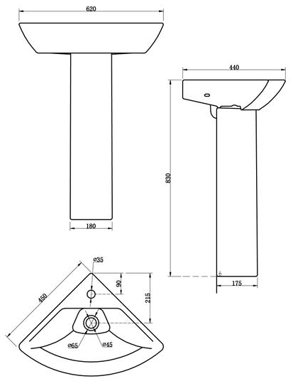 Technical image of Premier Carmela Corner Toilet With Corner Basin & Full Pedestal.
