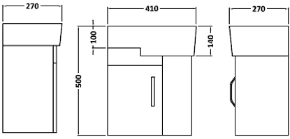 Technical image of Ultra Carlton Wall Hung Cloakroom Vanity Unit (Right Hand, Black). 410x500mm.