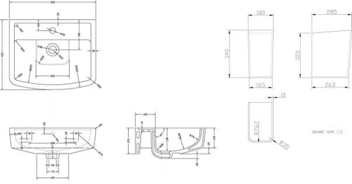 Technical image of Hudson Reed Ceramics Basin & Semi Pedestal (1 Tap Hole, 520mm).