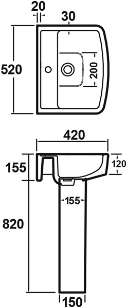 Technical image of Premier Ambrose 520mm Basin & Full Pedestal.