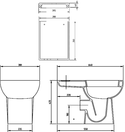 Technical image of Hudson Reed Ceramics Flush To Wall Toilet Pan, Cistern & Soft Close Seat.