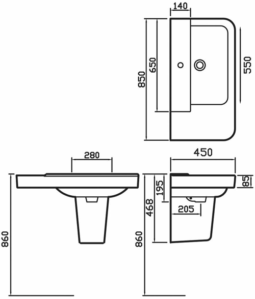 Technical image of Hudson Reed Ceramics Basin & Semi Pedestal (1 Tap Hole, 850mm).