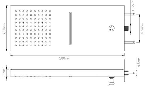 Technical image of Ultra Volt Volt Triple Thermostatic Shower Valve, Waterfall Head & Body Jets.