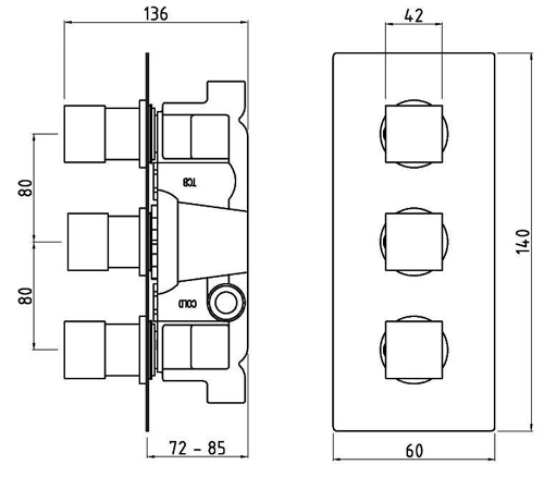 Technical image of Ultra Volt Thermostatic Triple Concealed Shower Valve With Diverter.