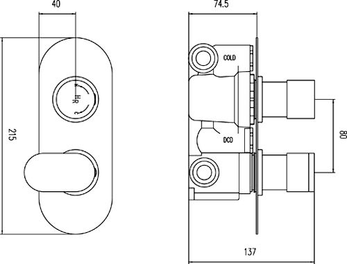 Technical image of Hudson Reed Cloud 9 3/4" Twin Thermostatic Shower Valve With Diverter.