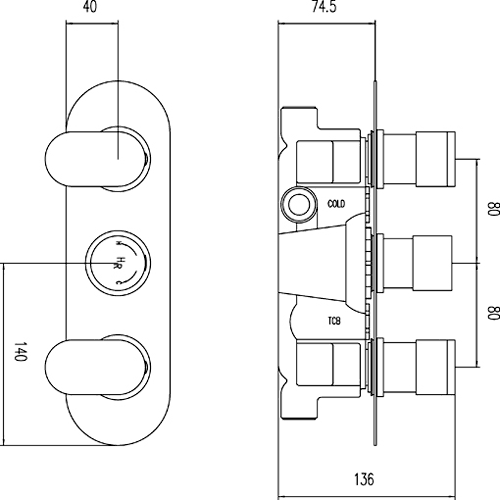 Technical image of Hudson Reed Cloud 9 Triple Concealed Thermostatic Shower Valve.