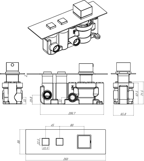 Technical image of hudson Reed Ignite Push Button Shower Valve With Square Handle (2 Outlets).