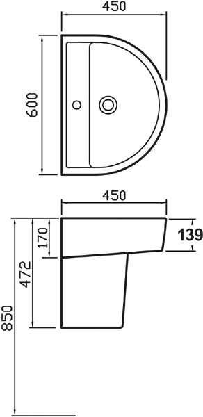 Technical image of Ultra Orb Basin & Semi Pedestal (1 Tap Hole, 600mm).