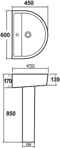 Technical image of Ultra Orb Basin & Full Pedestal (1 Tap Hole, 600mm).