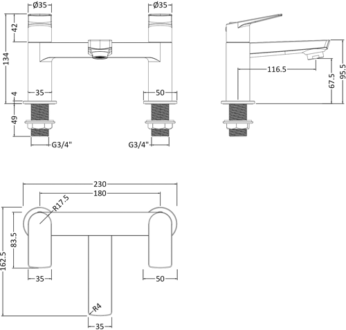 Technical image of HR Drift Tall Basin & Bath Filler Tap Pack (Chrome).