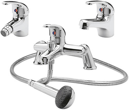 Larger image of Nuie Eon Bath Shower Mixer, Mono Basin & Bidet Tap Pack (Chrome).