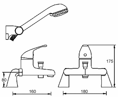 Technical image of Nuie Eon Bath Shower Mixer, Mono Basin & Bidet Tap Pack (Chrome).