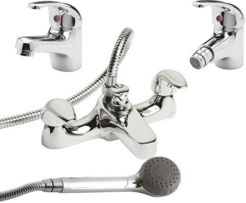 Larger image of Nuie Eon Bath Shower Mixer, Mono Basin & Bidet Tap Pack (Chrome).