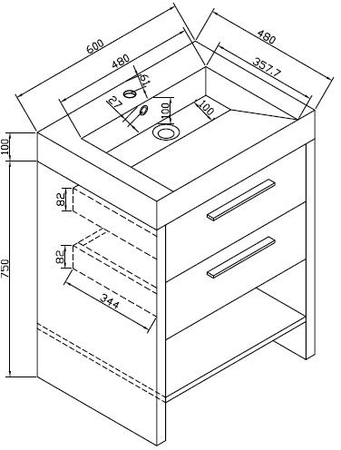 Technical image of Hudson Reed Dunbar Vanity Unit With Drawers & Basin (Light Oak).