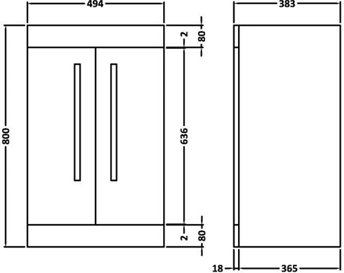 Technical image of Ultra Design Compact Vanity Unit With Doors & Basin (Black). 494x800mm.