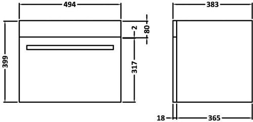 Technical image of Ultra Design Wall Hung Vanity Unit Suite With Toilet (White). 494x399mm.