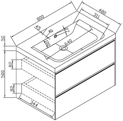 Technical image of Hudson Reed Erin Wall Mounted Vanity Unit With Basin (Light Oak).