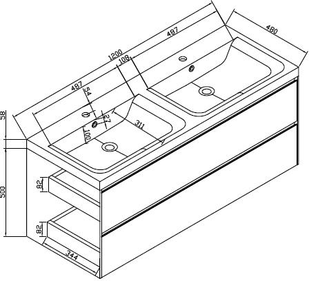 Technical image of Hudson Reed Erin Wall Mounted Vanity Unit With Double Basin (Light Oak).