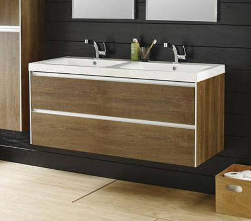 Example image of Hudson Reed Erin Wall Mounted Vanity Unit With Double Basin (Text Oak).
