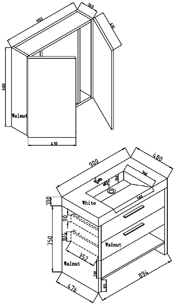 Technical image of Ultra Harbour Complete Bathroom Furniture Pack (Walnut).