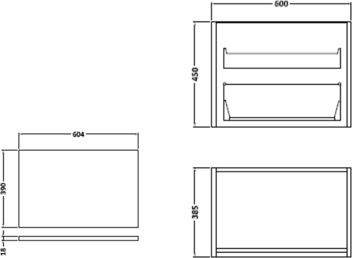 Technical image of Hudson Reed Horizon 600mm Wall Hung Vanity Unit & Basin (Mid Sawn Oak).