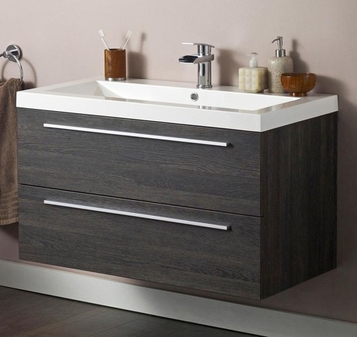 Larger image of Hudson Reed Laurel Wall Hung Vanity Unit With Basin & Drawers (Dark Oak).