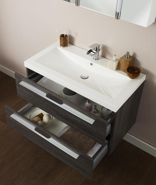 Example image of Hudson Reed Laurel Wall Hung Vanity Unit With Basin & Drawers (Dark Oak).