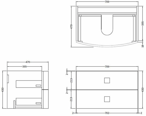 Technical image of HR Sarenna Wall Hung Vanity Unit With 2 Drawers (700mm, White).