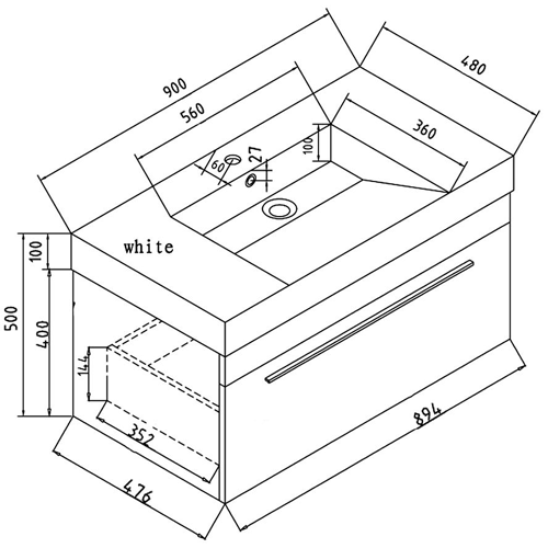 Technical image of Hudson Reed Midnight Wall Hung Vanity Unit With Basin & Drawer (Black).