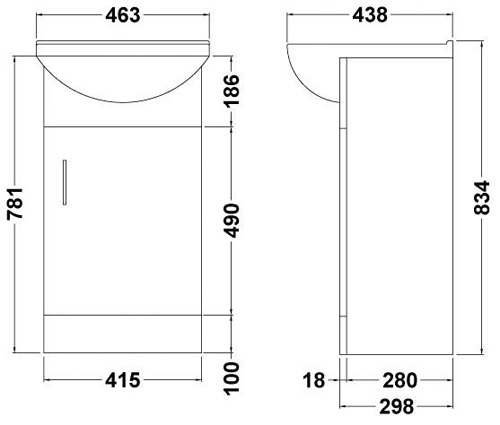 Technical image of Nuie Marvel 450mm Vanity Unit With Ceramic Basin (White).