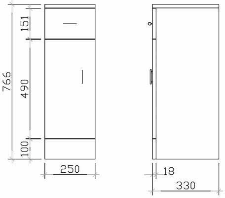 Technical image of Ultra Beaufort Bathroom Cabinet With Drawer. 250x330x766mm (White).