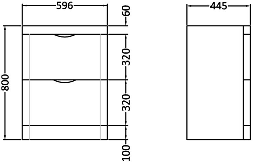 Technical image of Nuie Parade Vanity Unit With Curved Corners, Drawers & Basin 600x800.