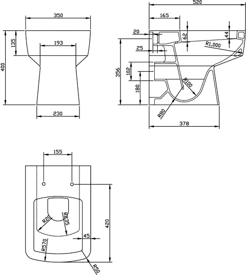 Technical image of Nuie Parade 600mm Vanity Unit Suite With BTW Unit, Pan & Seat (White).