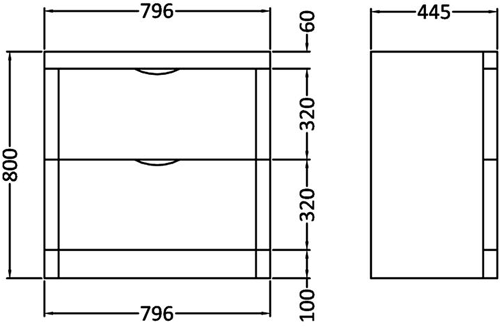 Technical image of Nuie Parade 800mm Vanity Unit Suite With BTW Unit, Pan & Seat (White).