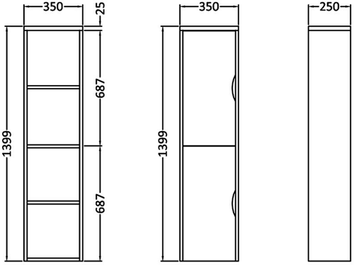 Technical image of Nuie Parade Wall Mounted Tall Bathroom Storage Cabinet 350x1399.