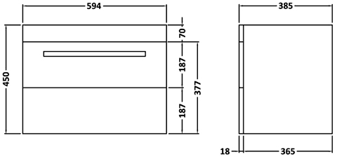 Technical image of Ultra Design Wall Hung Vanity Unit, Drawer & Basin (White). 600x450mm.