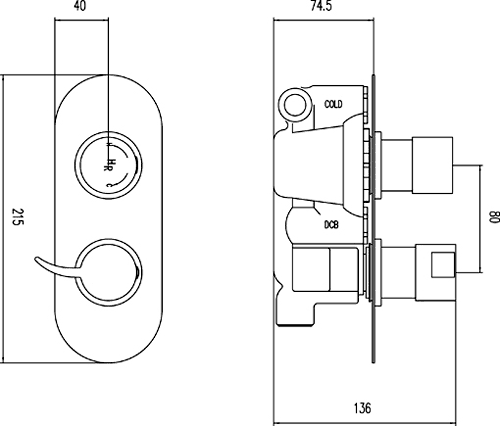 Technical image of Hudson Reed Grace Twin Concealed Thermostatic Shower Valve (Chrome).