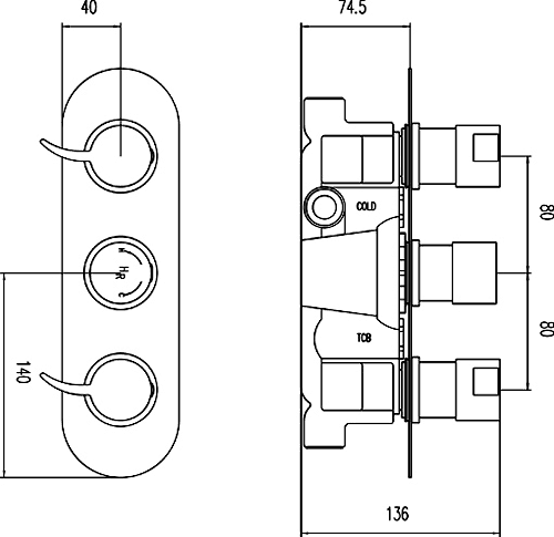 Technical image of Hudson Reed Grace Triple Concealed Thermostatic Shower Valve (Chrome).