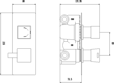 Technical image of Hudson Reed Harmony 3/4" Twin Thermostatic Shower Valve With Diverter.