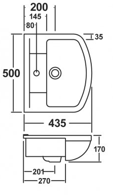 Technical image of Premier Harmony Back To Wall Toilet Pan & 500mm Semi Recessed Basin.