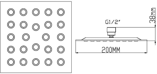 Technical image of Hudson Reed Showers Square Shower Head (Chrome, 200x200mm).