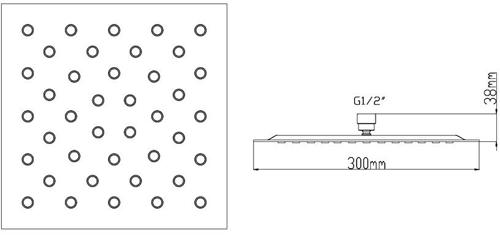 Technical image of Hudson Reed Showers Square Shower Head (Chrome, 300x300mm).