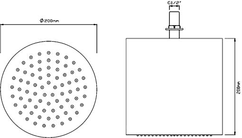Technical image of Component Round Shower Head (Stainless Steel). 200D x 200H mm.