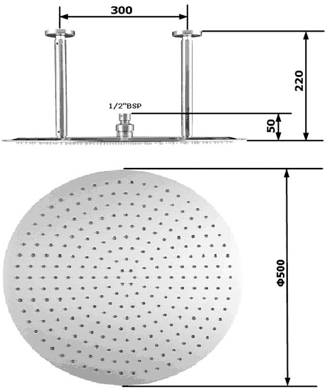 Technical image of Component Round Shower Head (Stainless Steel). 500mm.