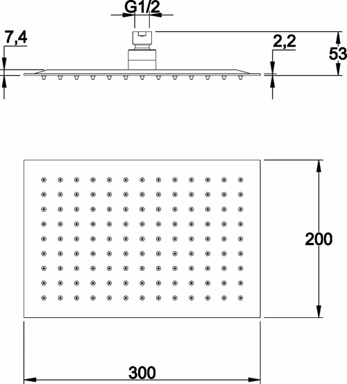 Technical image of Hudson Reed Showers Rectangular Fixed Shower Head (300x200mm).